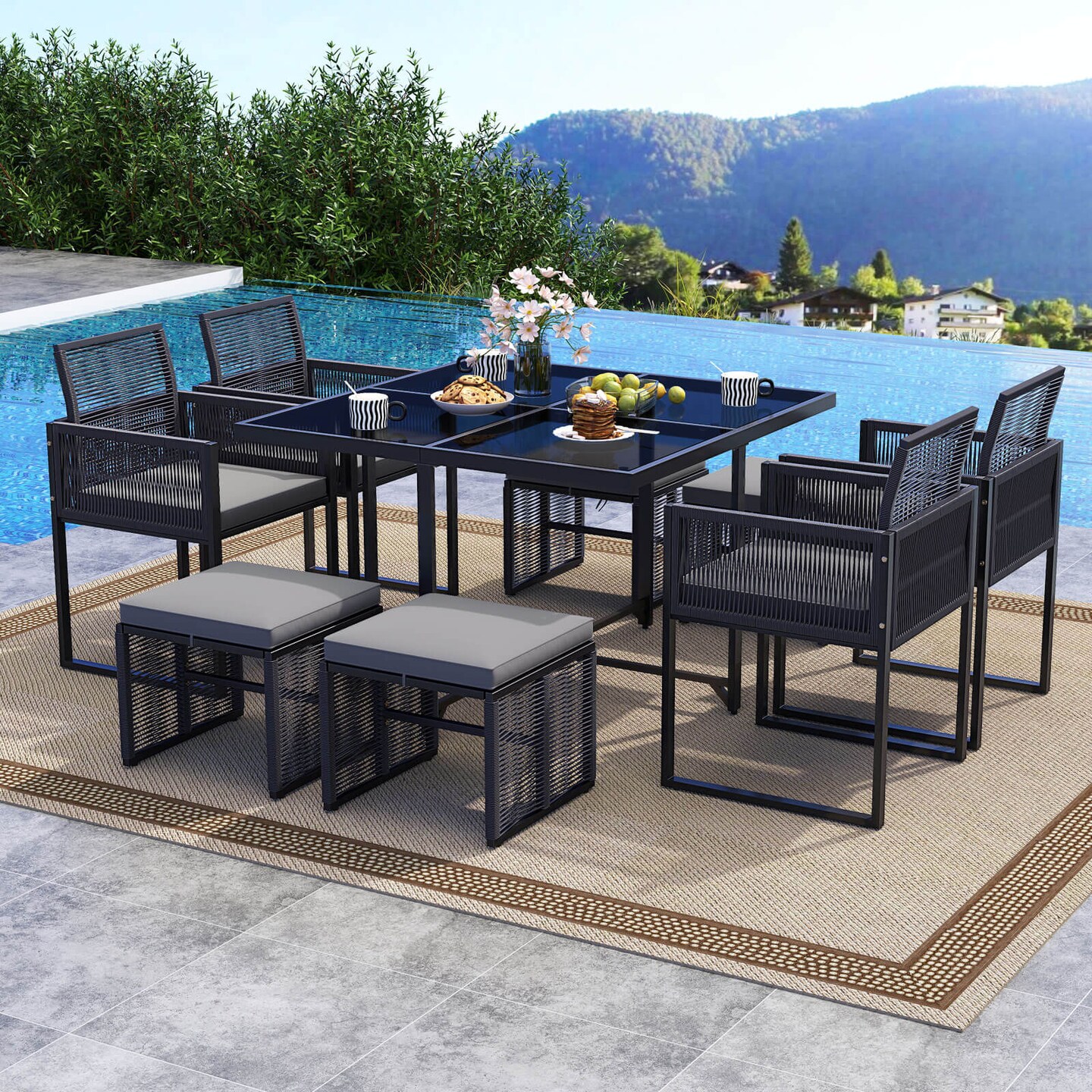 Costway 9 PCS Patio Dining Set with PE Rattan Chairs Tempered Glass Table and Ottomans