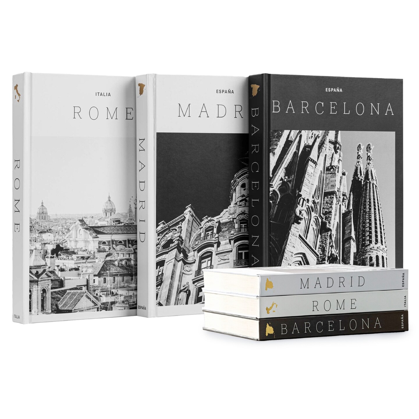 Set of 3 XL Decorative Blank Hardcover Books for Decoration - Great for Tabletops, Coffee Tables, &#x26; Bookshelves - City Theme Minimalist Home Decor - Madrid, Rome, Barcelona