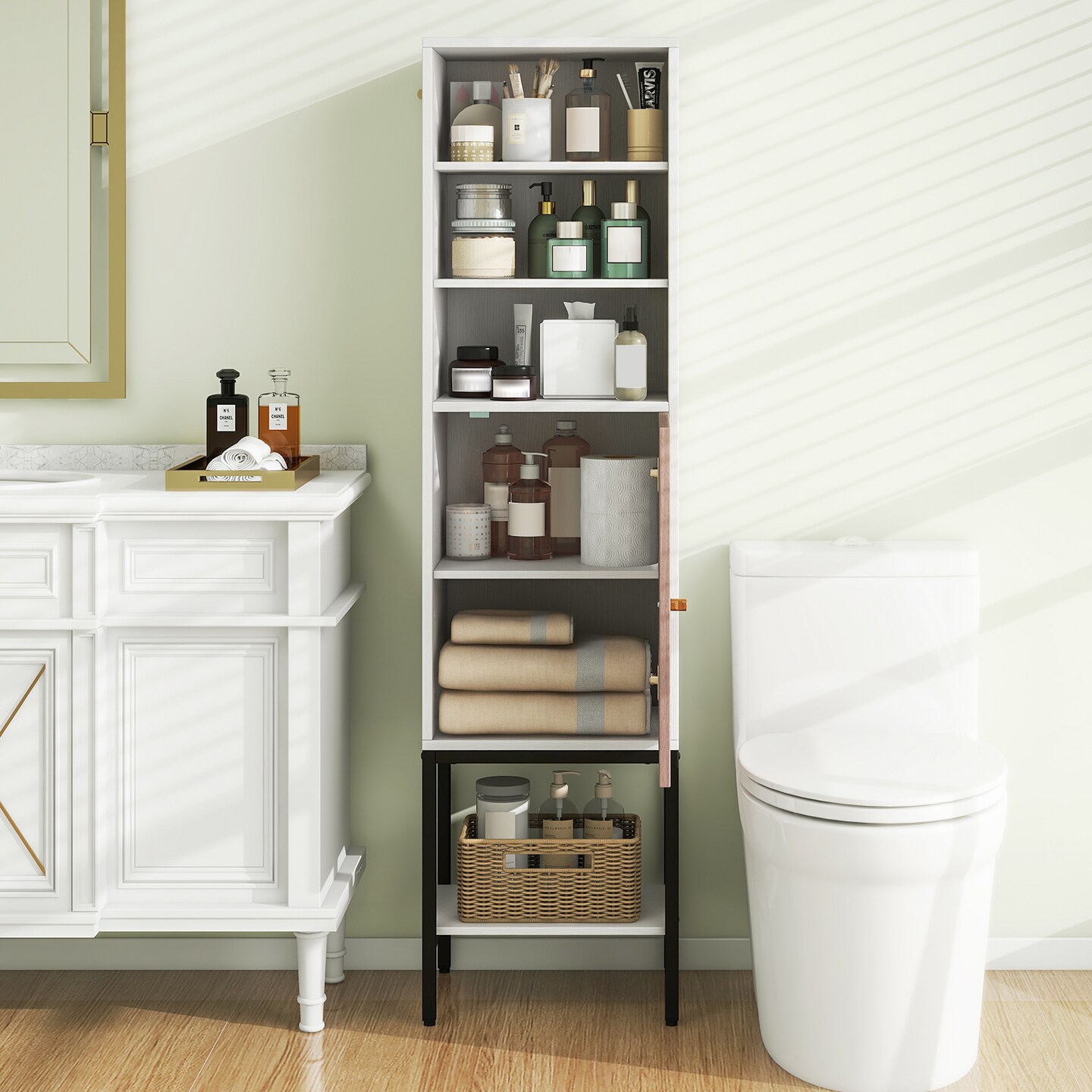 57 Inch Bathroom Tall Cabinet with and 3-Position Storage Adjustable Shelves and 1 Door