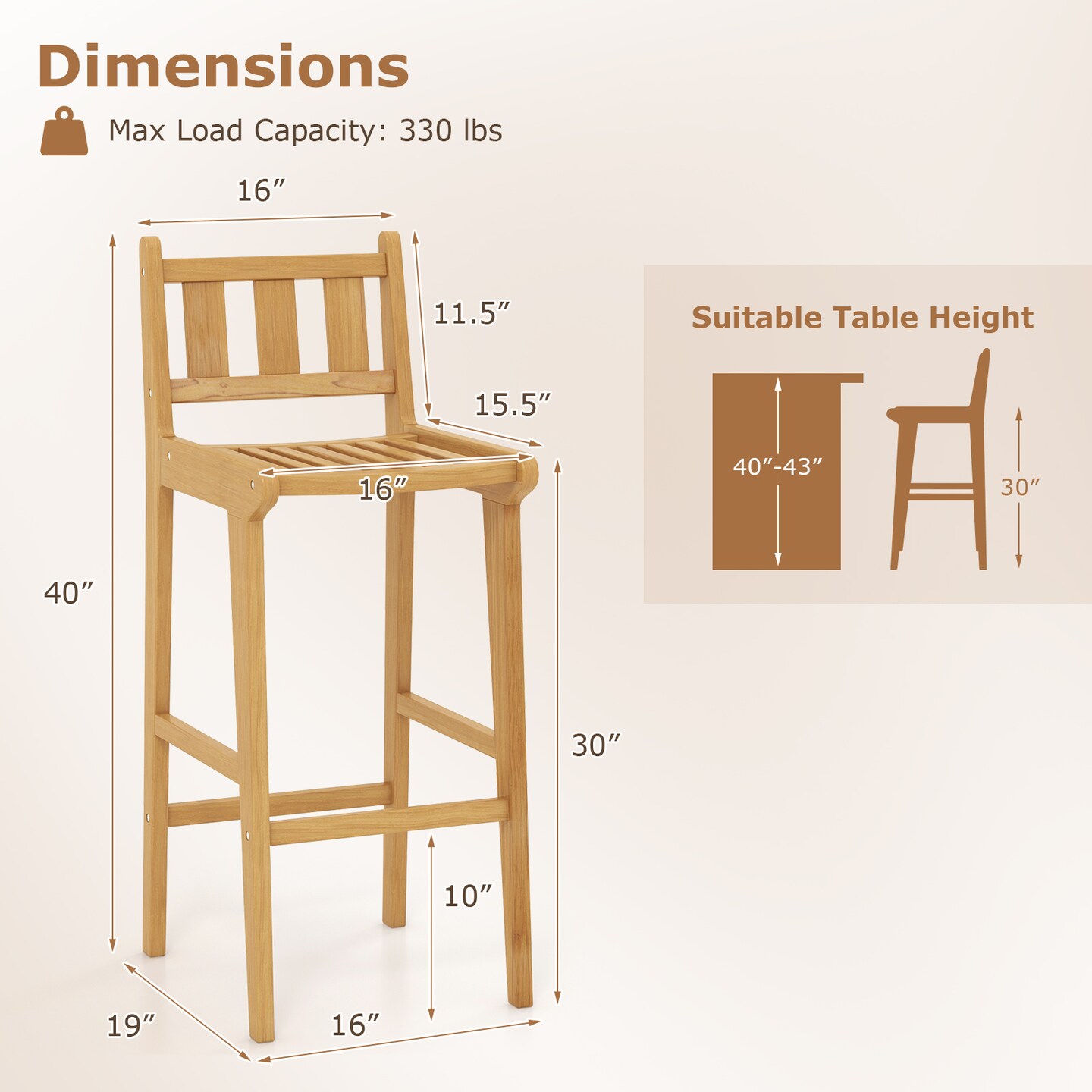 30 Inch Teak Wood Slatted Design Bar Chair with Footrest and Backrest Ideal for Outdoor Use
