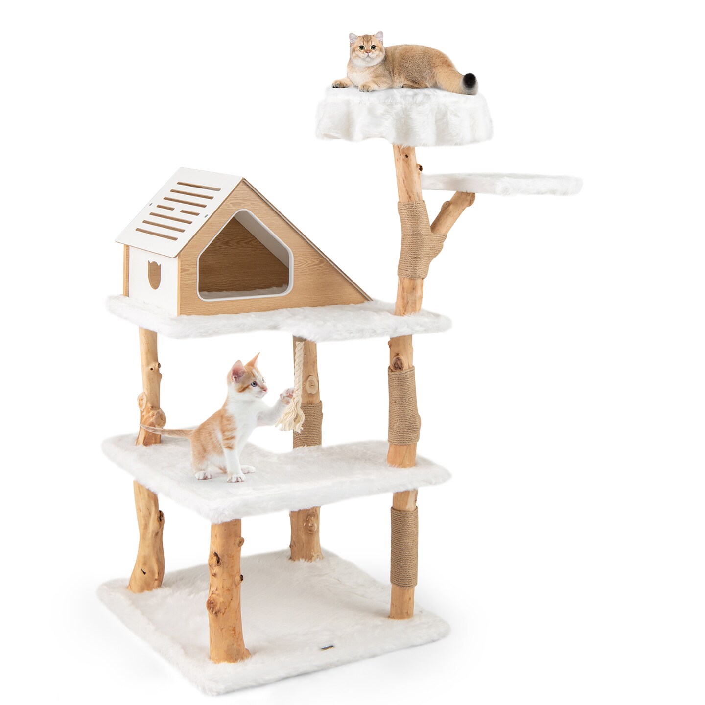 60 Inch Tall Wooden Cat Tree Tower with 2 Cozy Perches and 2 Large Platforms