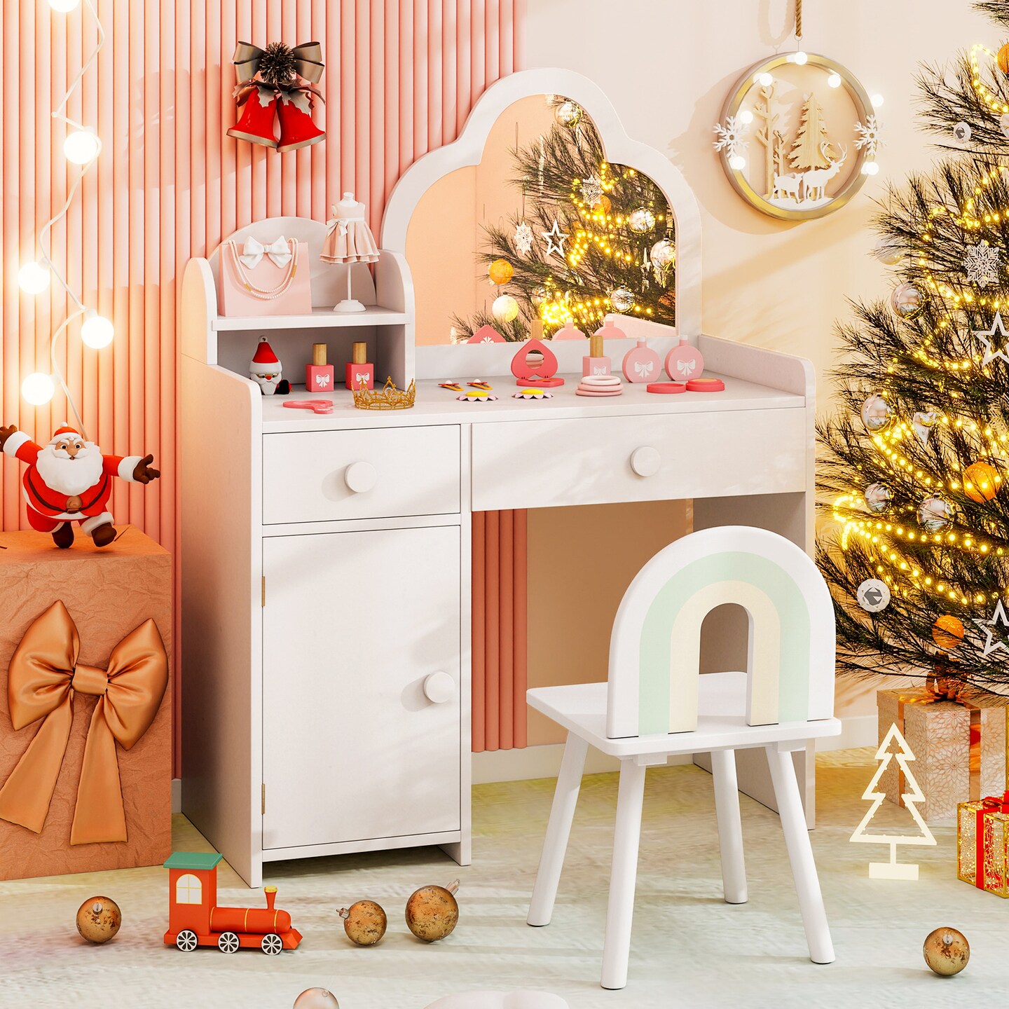 Kids Vanity Set, Cloud Shape Mirror, Storage and Pine Wood Stool