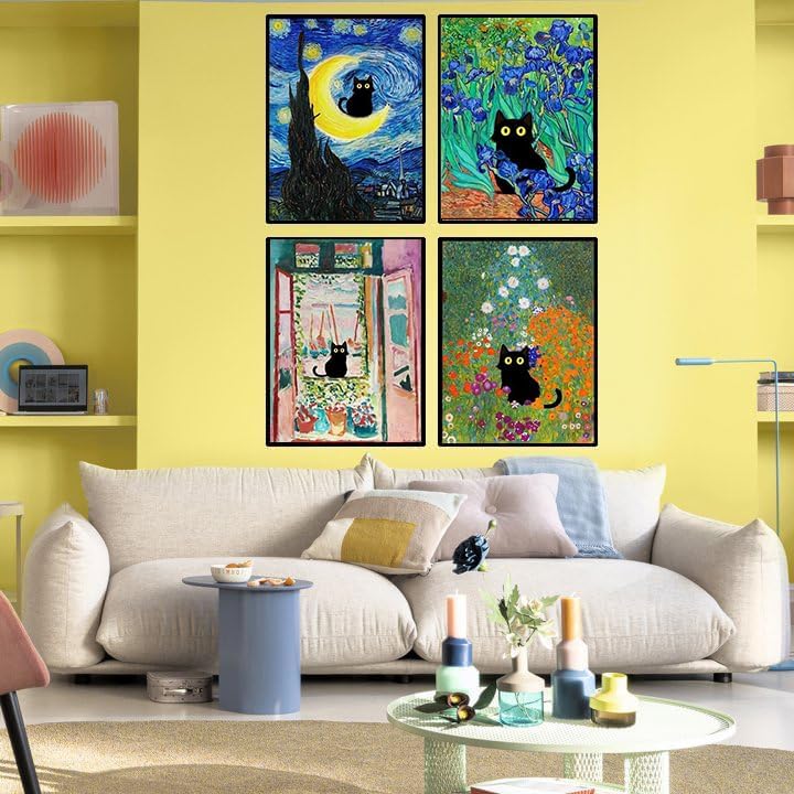 Adults Beginners Paint by Number Kits ? Press Digital Easy Acrylic Black cat 4 Pieces Paint, DIY Watercolor Paint Press Digital kit on Canvas Home Wall Decoration Without Frame 12&#xD7;16inch