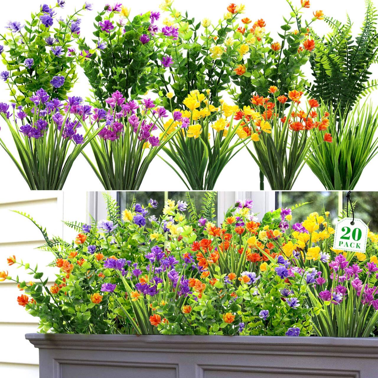 20 Bundles Artificial Flowers for Outdoors UV Resistant Fake Flowers