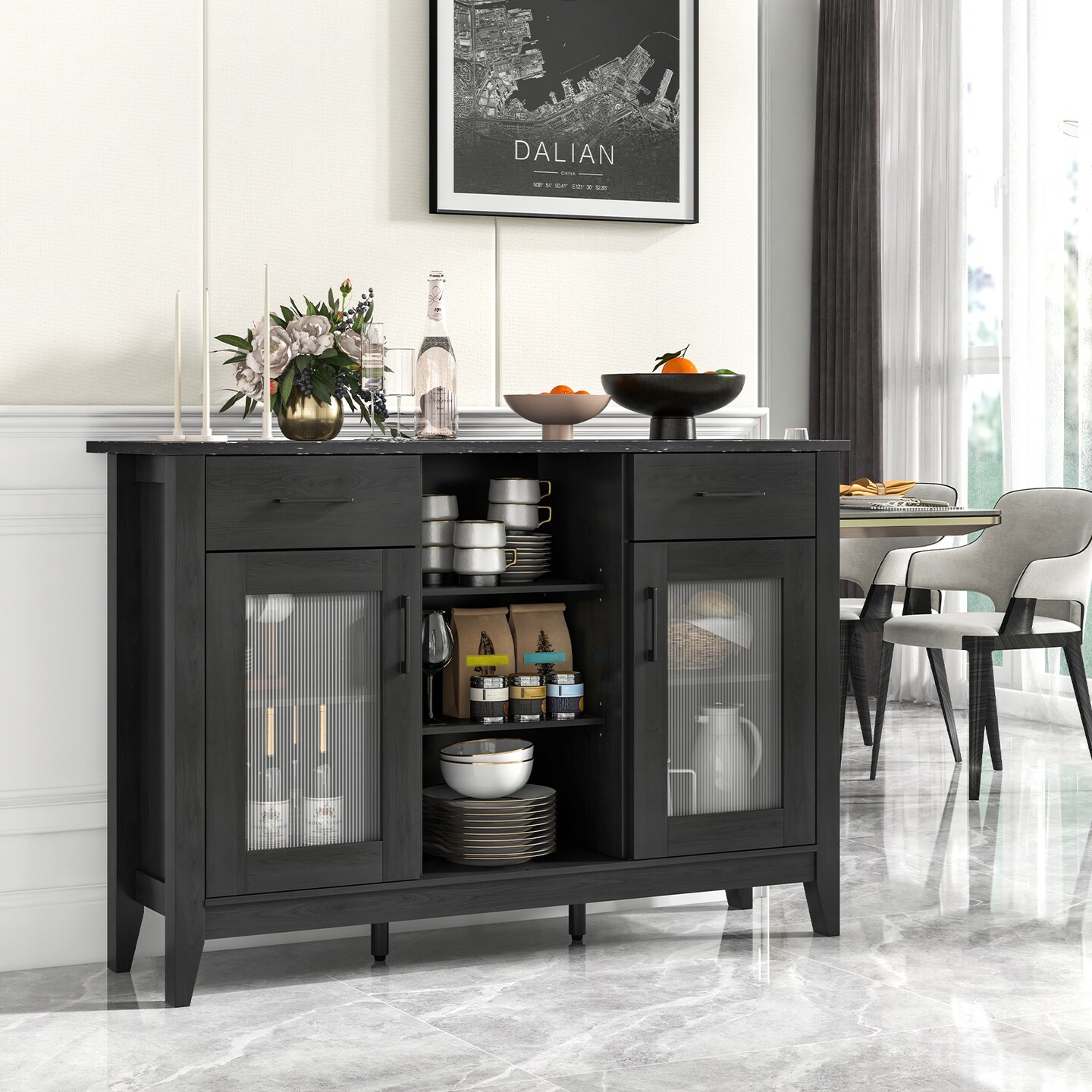 Sideboard Buffet Cabinet with 3 Open Cubes and 4 Adjustable Shelves Ideal for Home Appliances or Decorations