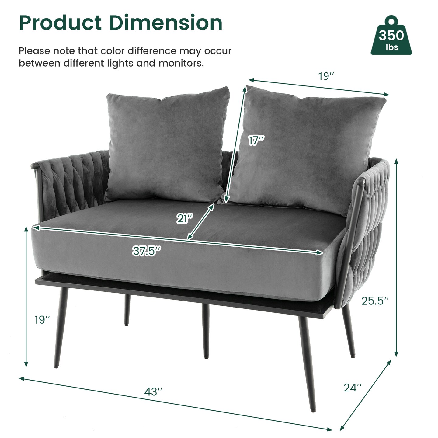 Velvet Woven Loveseat and Cozy 2-Seater Sofa with Metal Legs