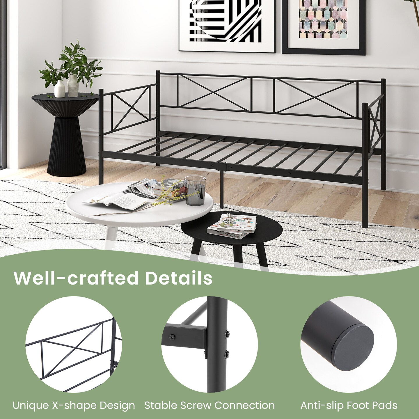 Twin Platform Bed Frame with Metal Slats and Space-saving Design