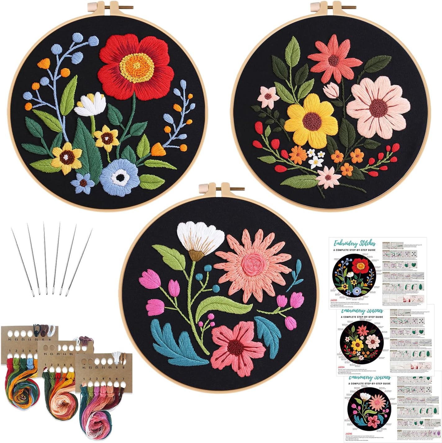 3 Sets Flowers Embroidery Kits for Beginners,Cross Stitch Kit for Adults