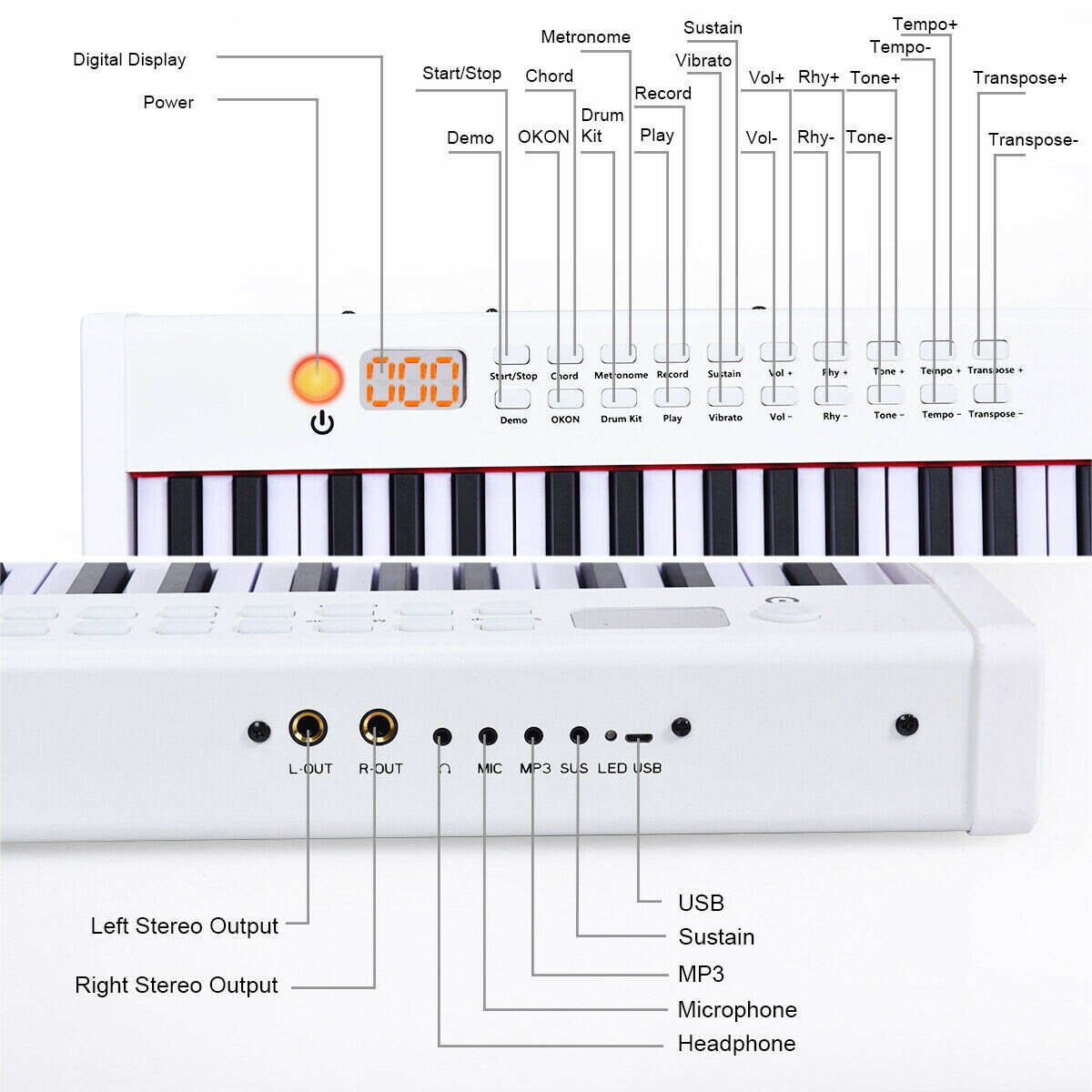 88-Key Digital Piano with Semi-Weighted Keys, Rechargeable Battery and Gig Bag