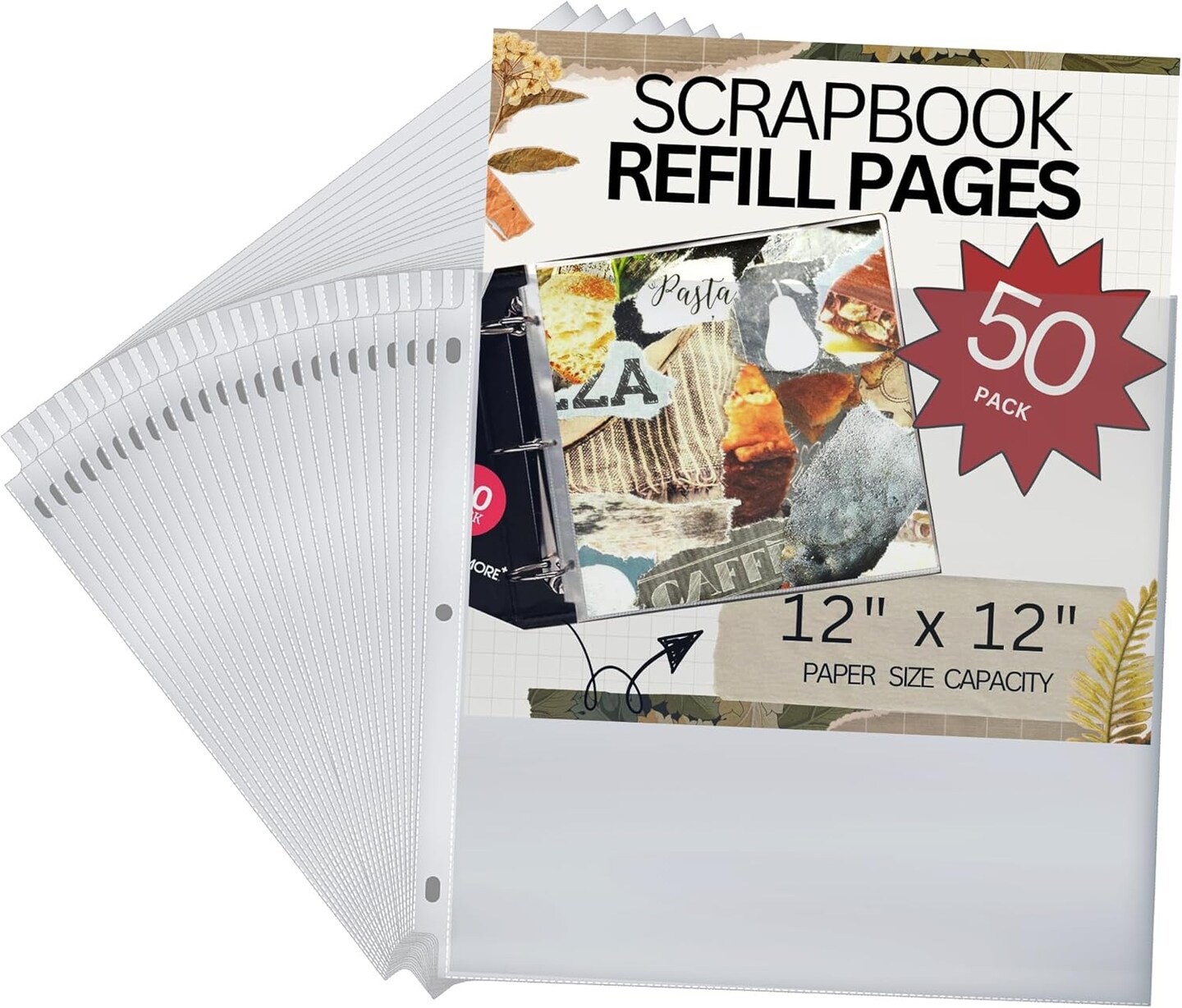 50 Pack of Scrapbook Refill Pages, 12.25&#x22; X 12.25&#x22; Clear Sheet Protectors for 3 Ring Binder, Plastic Sheet Sleeves, Top Loading Paper Protector, Archival Safe for Documents and Photo