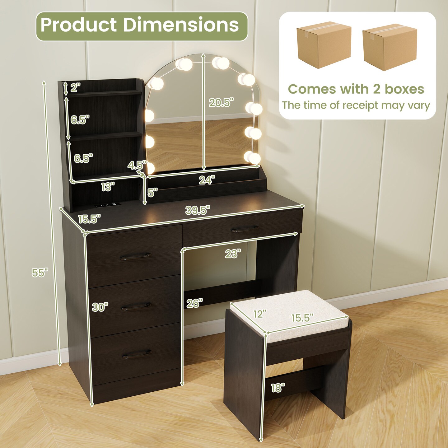 MDF Vanity Table with LED Mirror, Charging Station and Large Storage