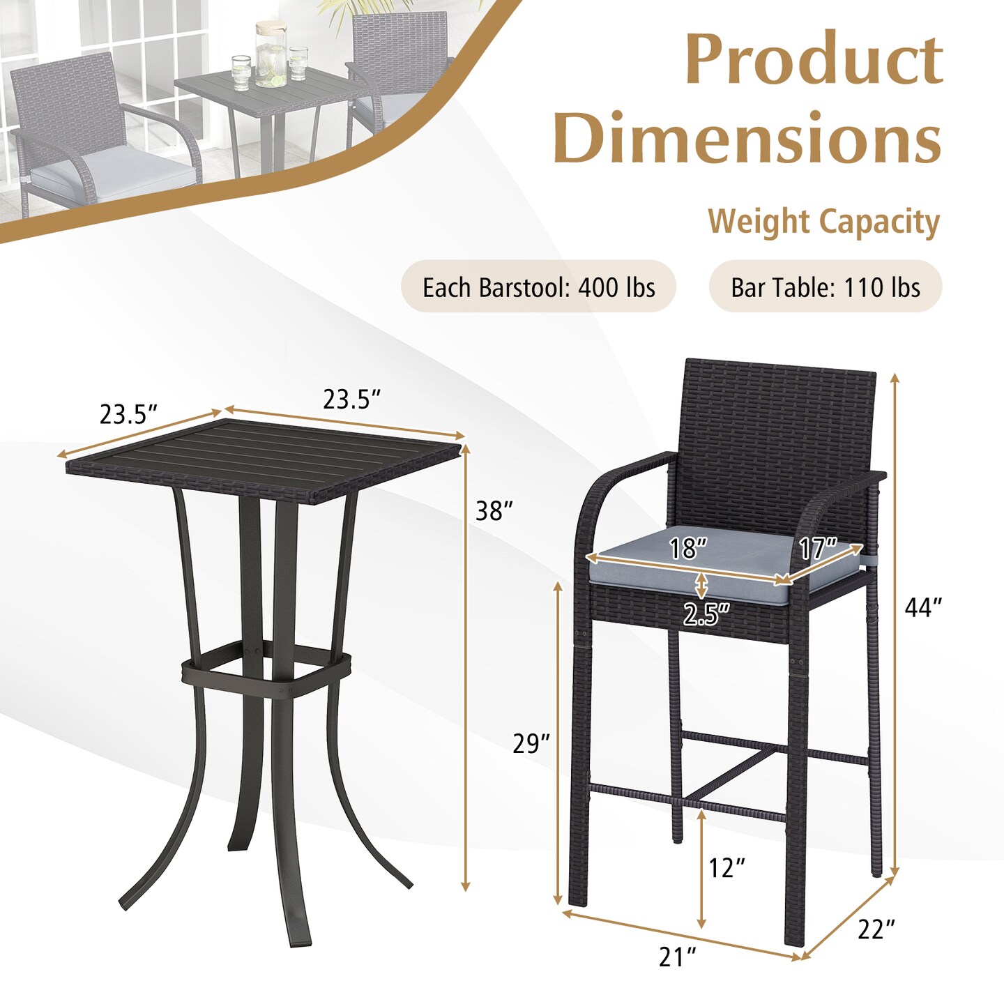 3-Piece Patio Bar Height Chairs and Square Table Set Perfect for Any Outdoor Setting