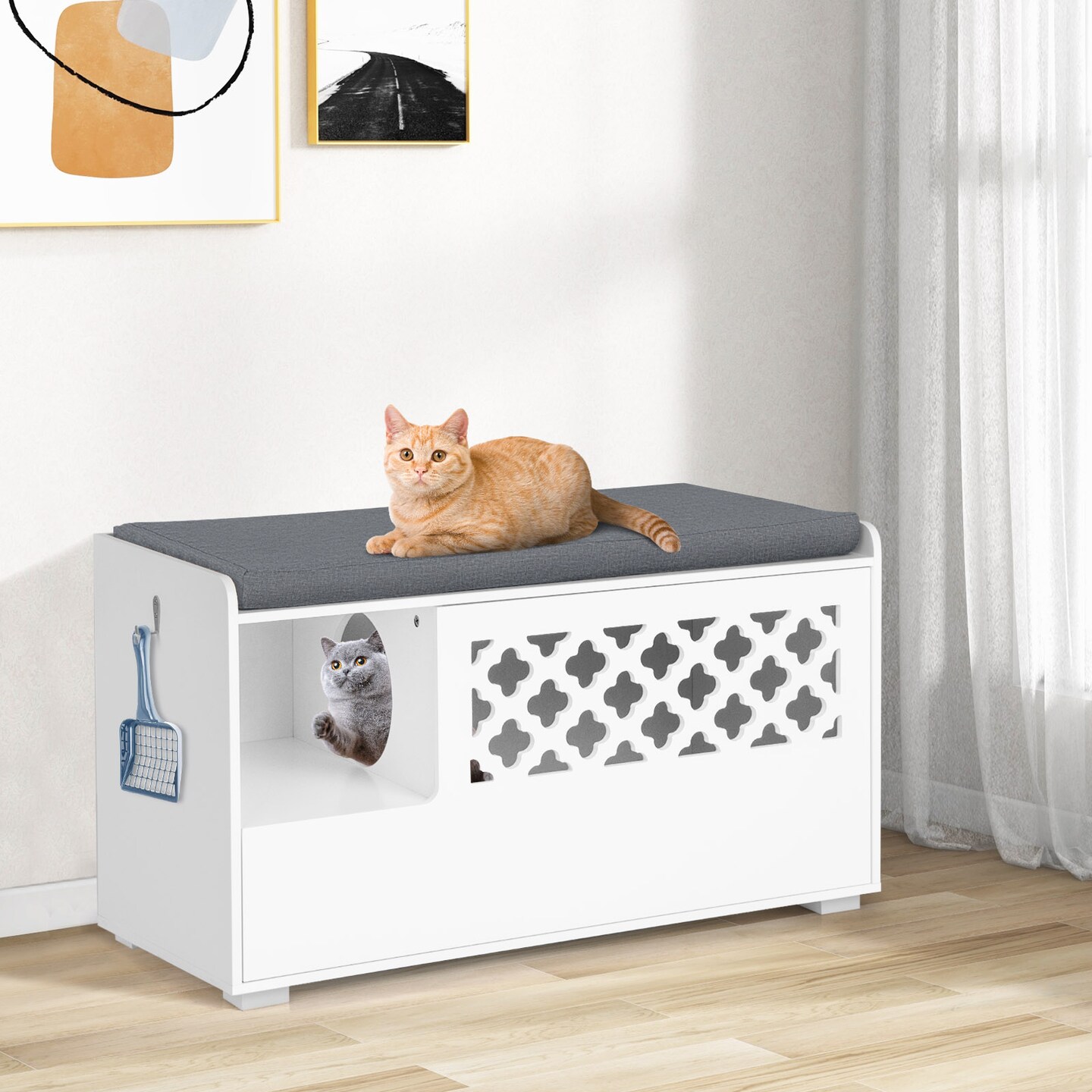 White 4-in-1 Cat Litter Box Enclosure with Removable Cushion and Front Flip Door