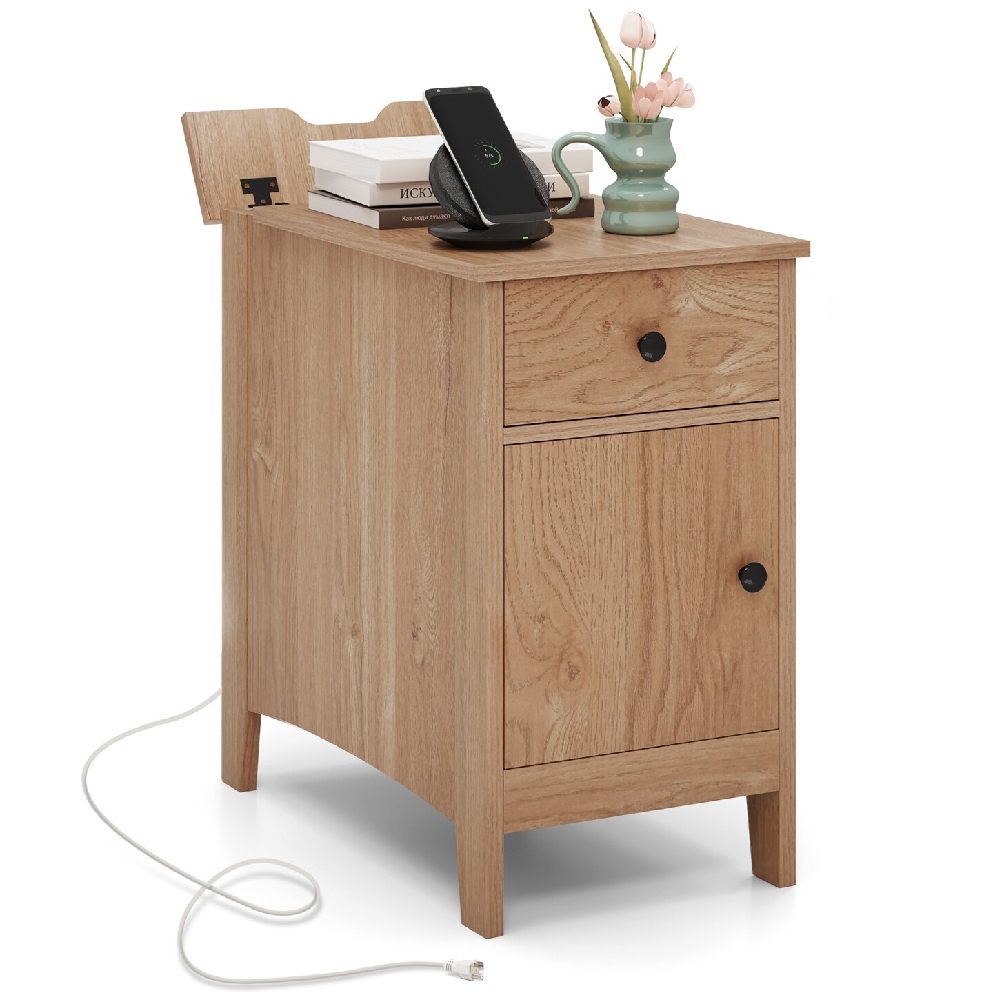 Flip Top Beside End Table with Charging Station Power Outlets and Pull-Out Drawer and Cabinet