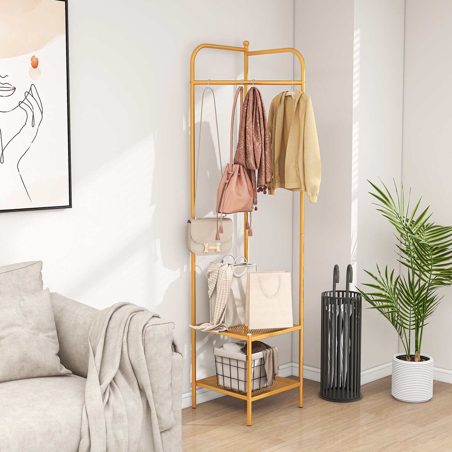 Corner Coat Rack with Top Hanger and 2 Mesh Shelves for Entryway