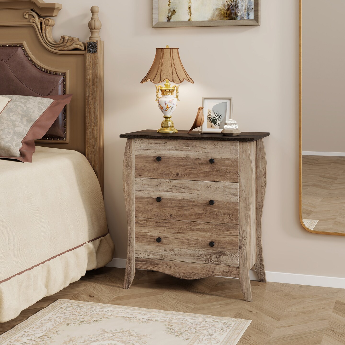Brown Wooden Dresser with 3 Folding Fabric Drawers Perfect Fit to Any Small Space