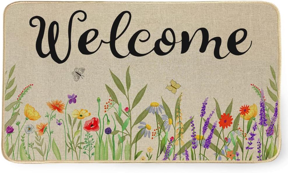 Spring Welcome Doormat 17 x 29 Inch, Flower Decorative Door Mat Non-Slip and Washable Rubber Backed Seasonal Entryway Rugs for Indoor Outdoor DM062