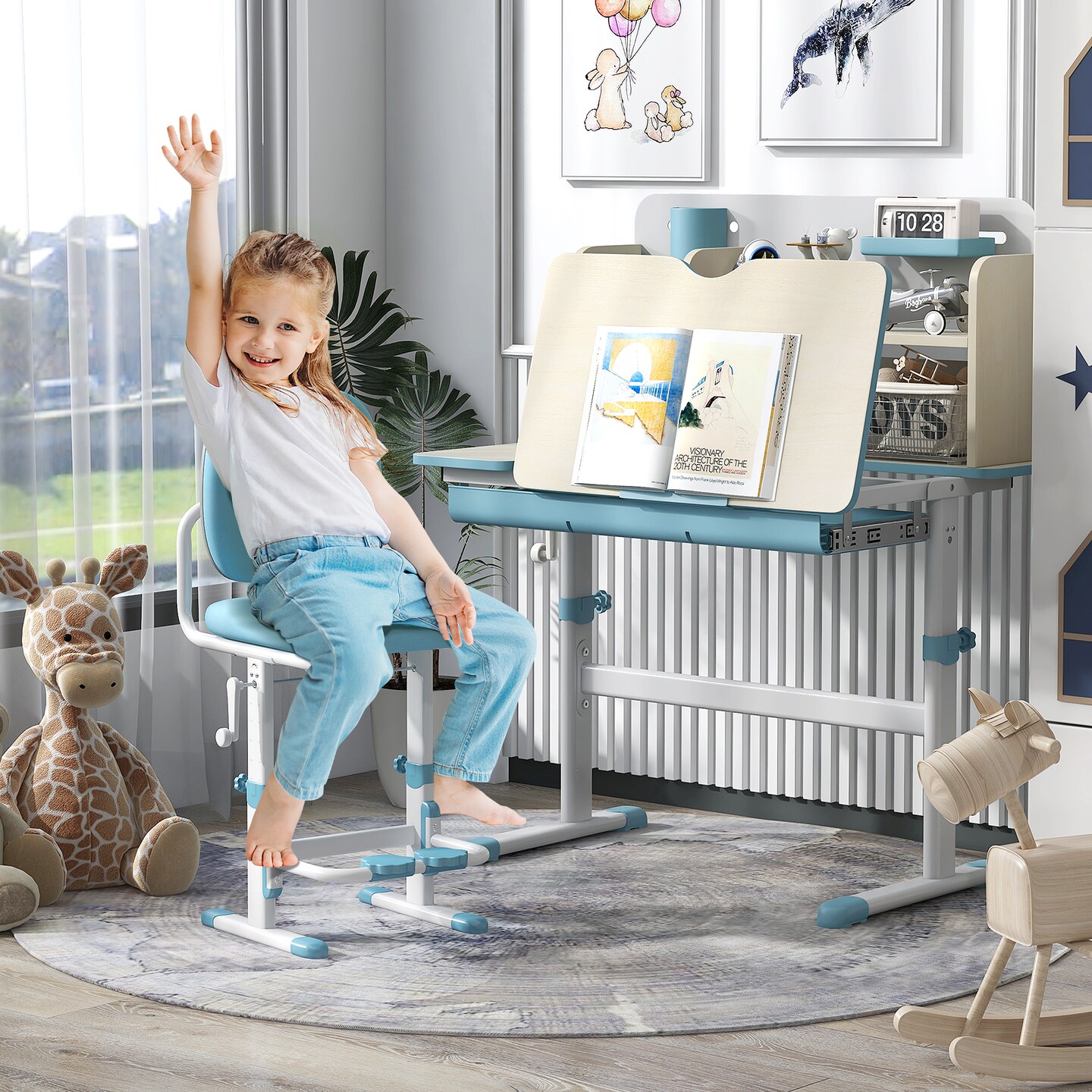 Blue Kids Height Adjustable Study Desk with Multilayer Open Shelves and Tiltable Desktop