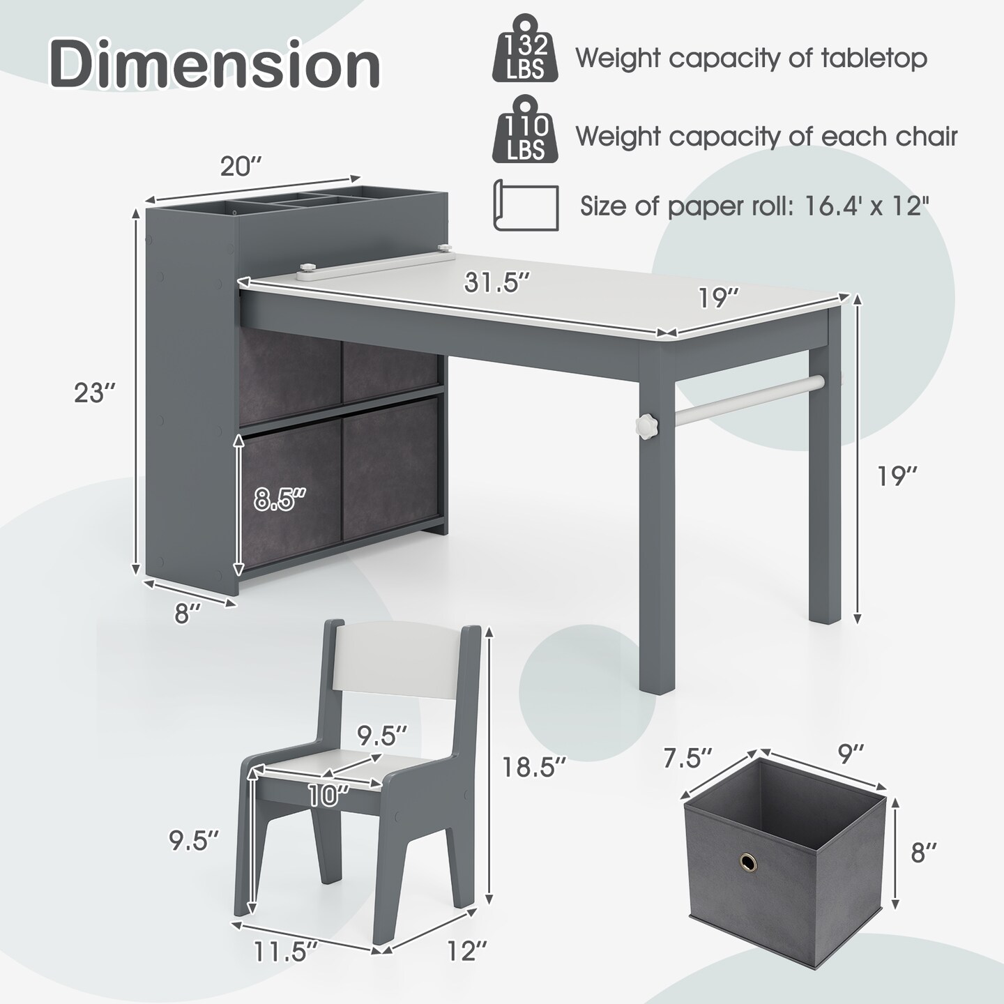 MDF and Metal Kids Art Table Set with Chairs, Storage and Paper Roll