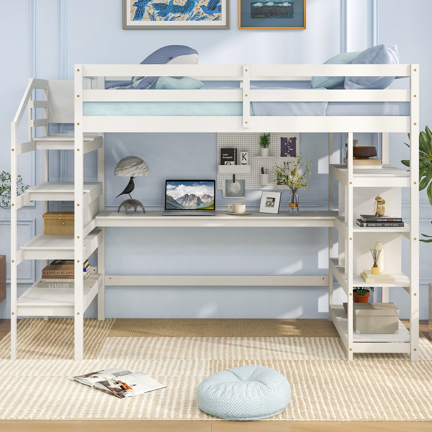 White Twin Size Loft Bed with Desk, Storage Stairs, Shelves and Safety Guardrails