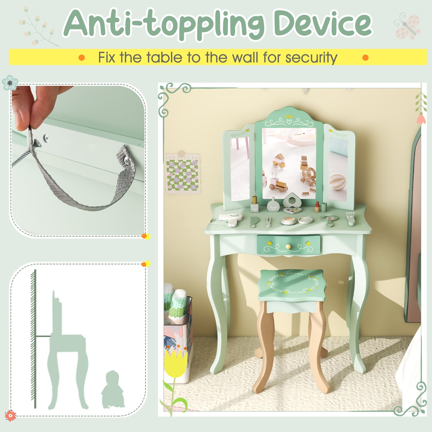 MDF Kids Vanity Set with Mirror, Drawer, Stool, Accessories and Convertible Design