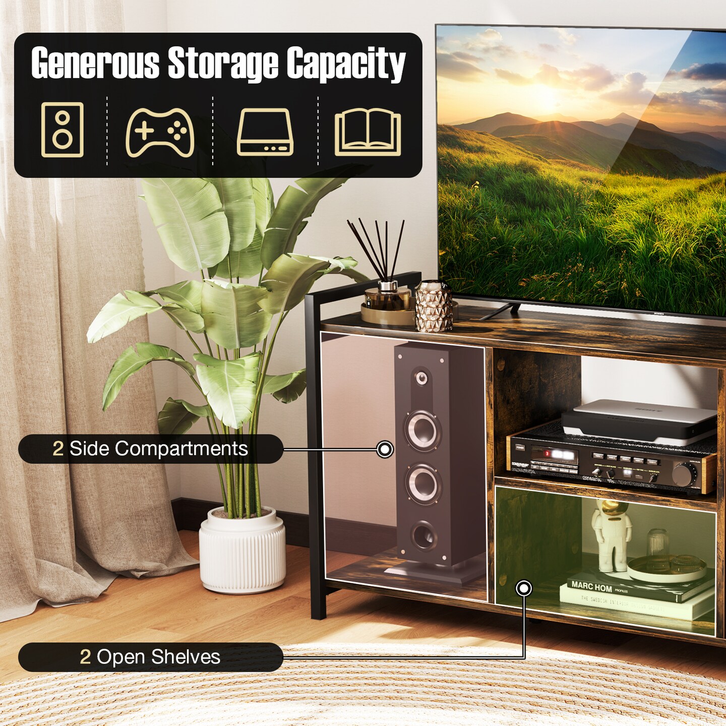 TV Stand with Metal Frame, Storage, Shelves and Anti-Tipping Kits