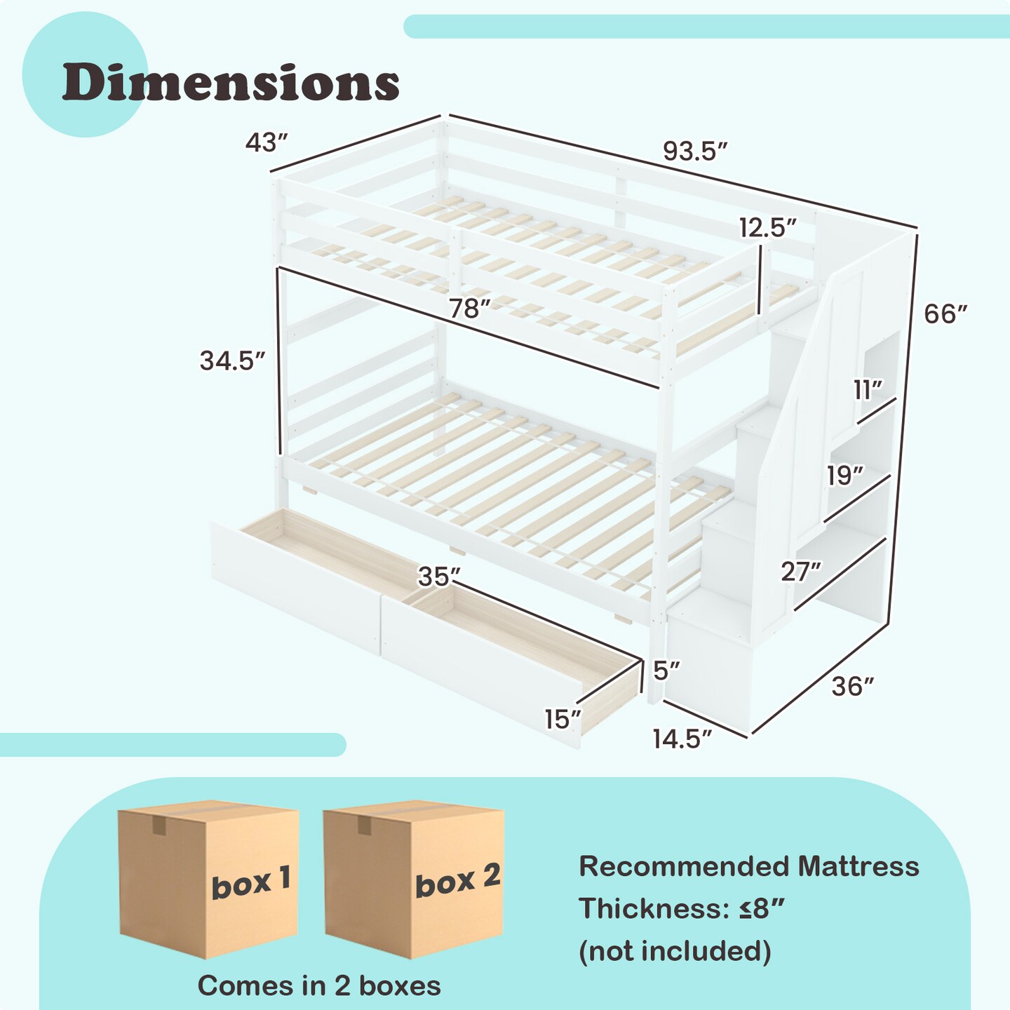 White Twin Over Twin Bunk Bed with Storage Stairs, Drawers and Guardrails