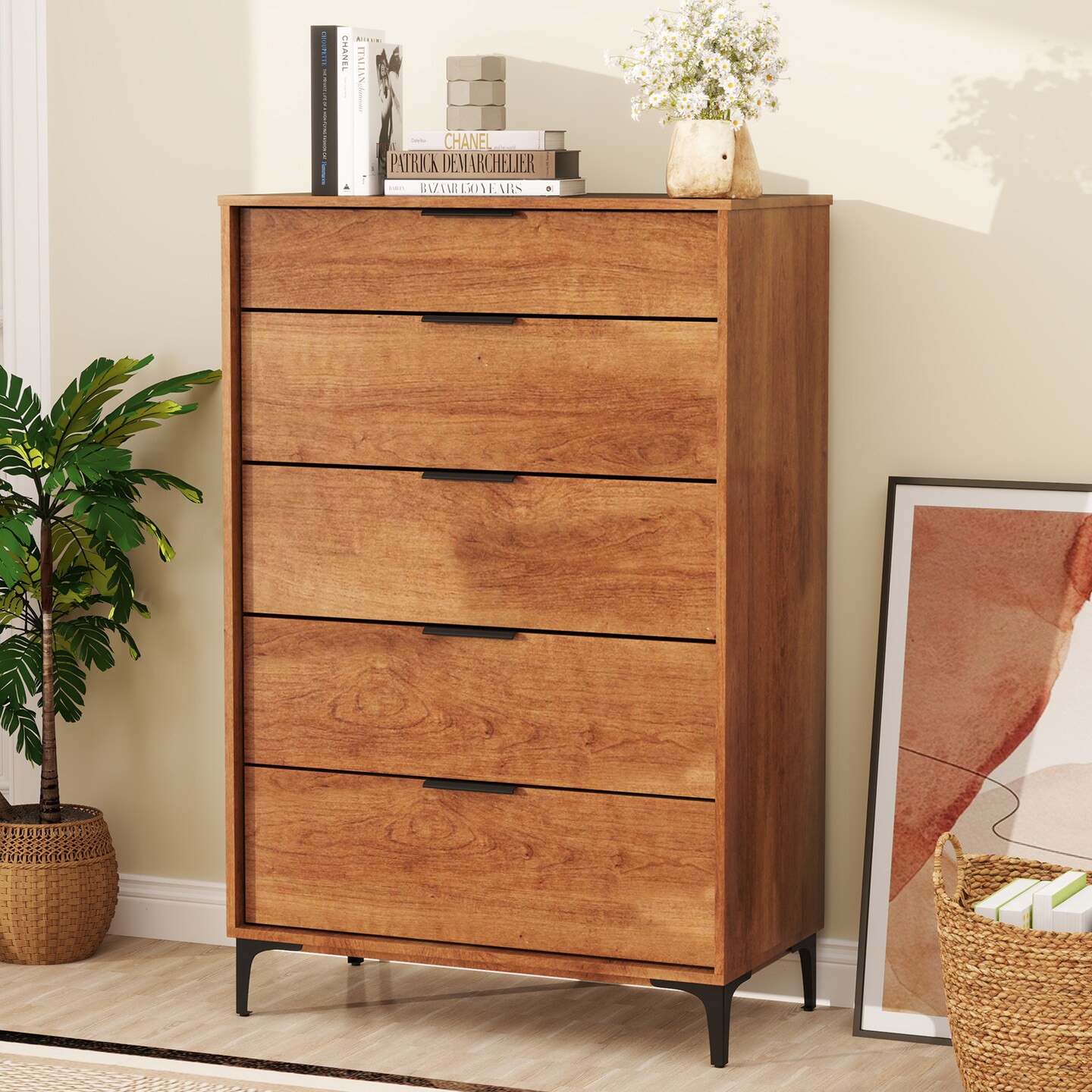 Cherry MDF 5 Drawer Dresser with Metal Legs and Anti Tipping Kit