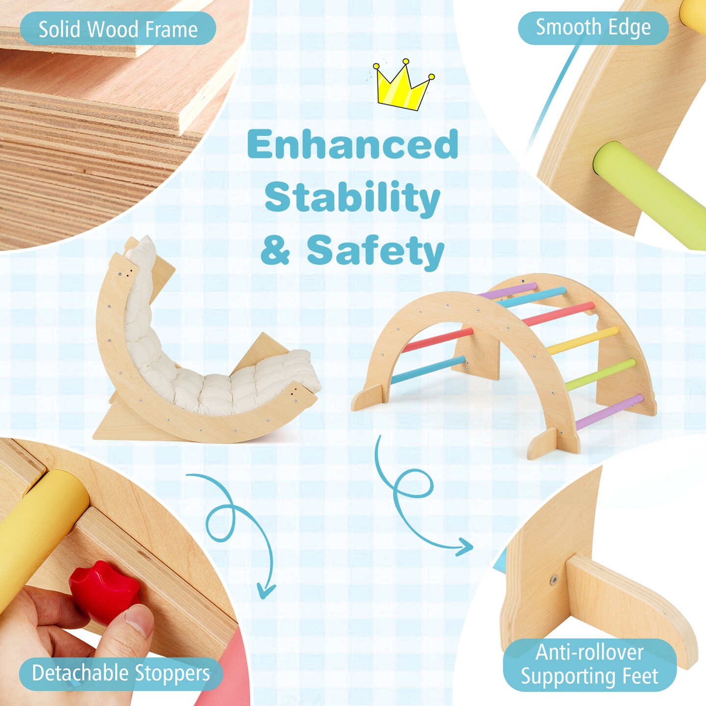 Wooden 6-in-1 Kids Climbing Arch Playset with Cushion, Storage Bin and Safety Features