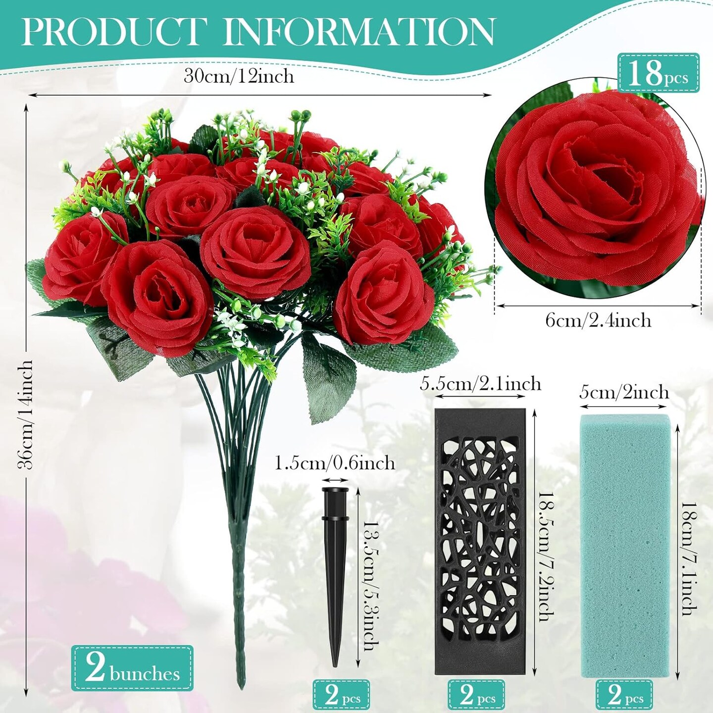 2 Sets Artificial Cemetery Flowers 36 Heads Rose with 2 Grave Markers Flower Holder Vase with Drainage Hole Long Spikes and 2 Floral Foam Blocks for Outdoor Memorials (Red)