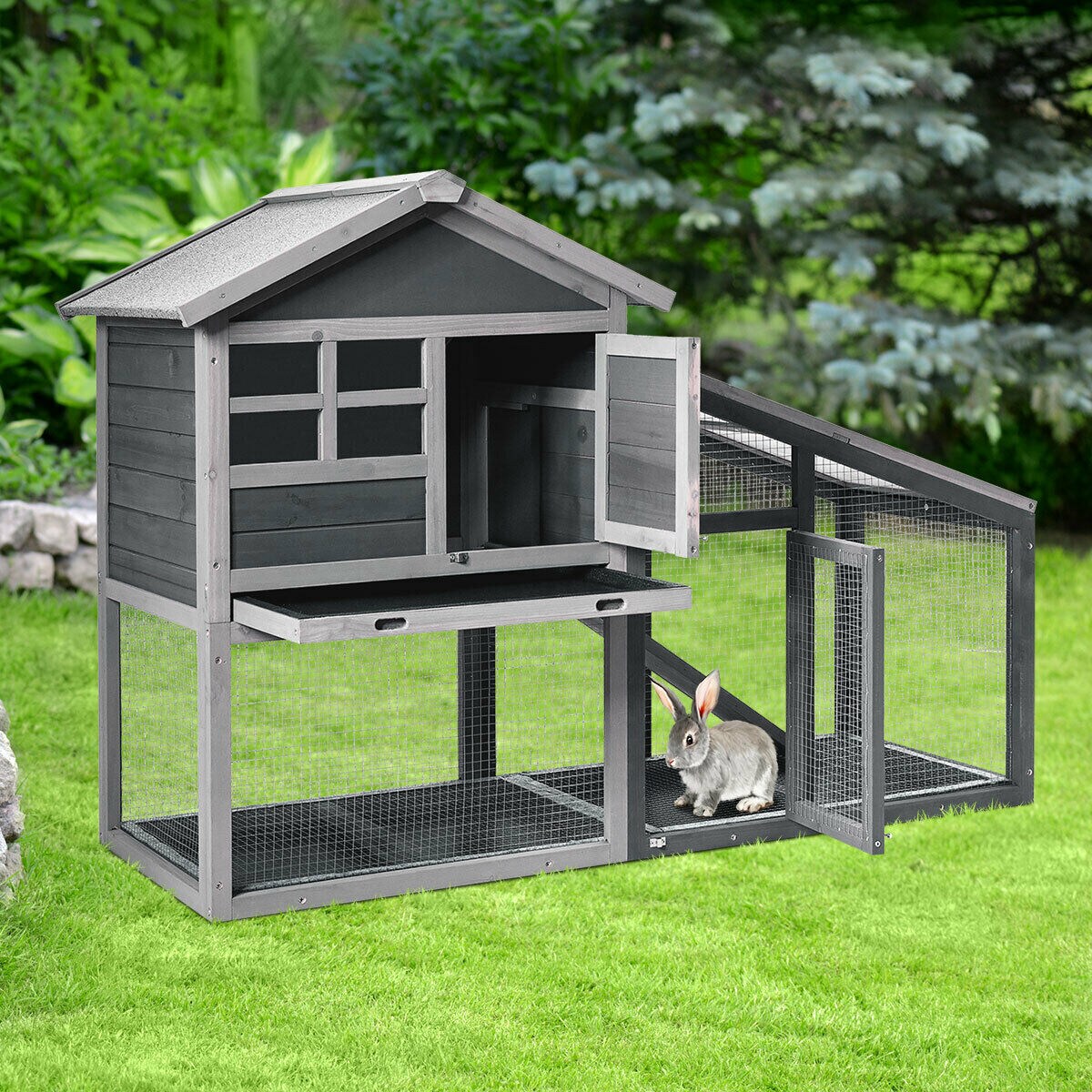 56.5 Inch Grey Wooden Rabbit House with Pull out Tray and Ramp Ideal for Small Animals
