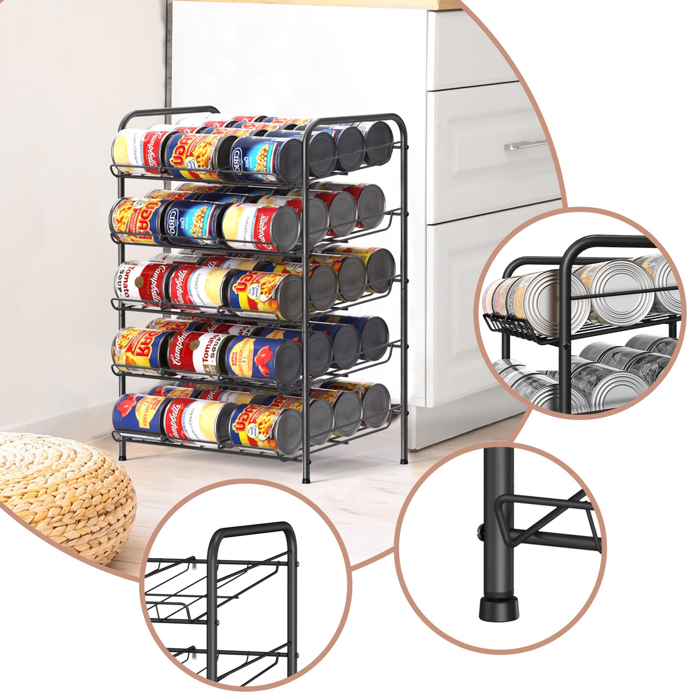5-Tier Heavy-Duty Can Rack Organizer – 60-Can Capacity Pantry Storage with 15° Tilt Design, Adjustable Dividers (16.9x12.5x25.6")