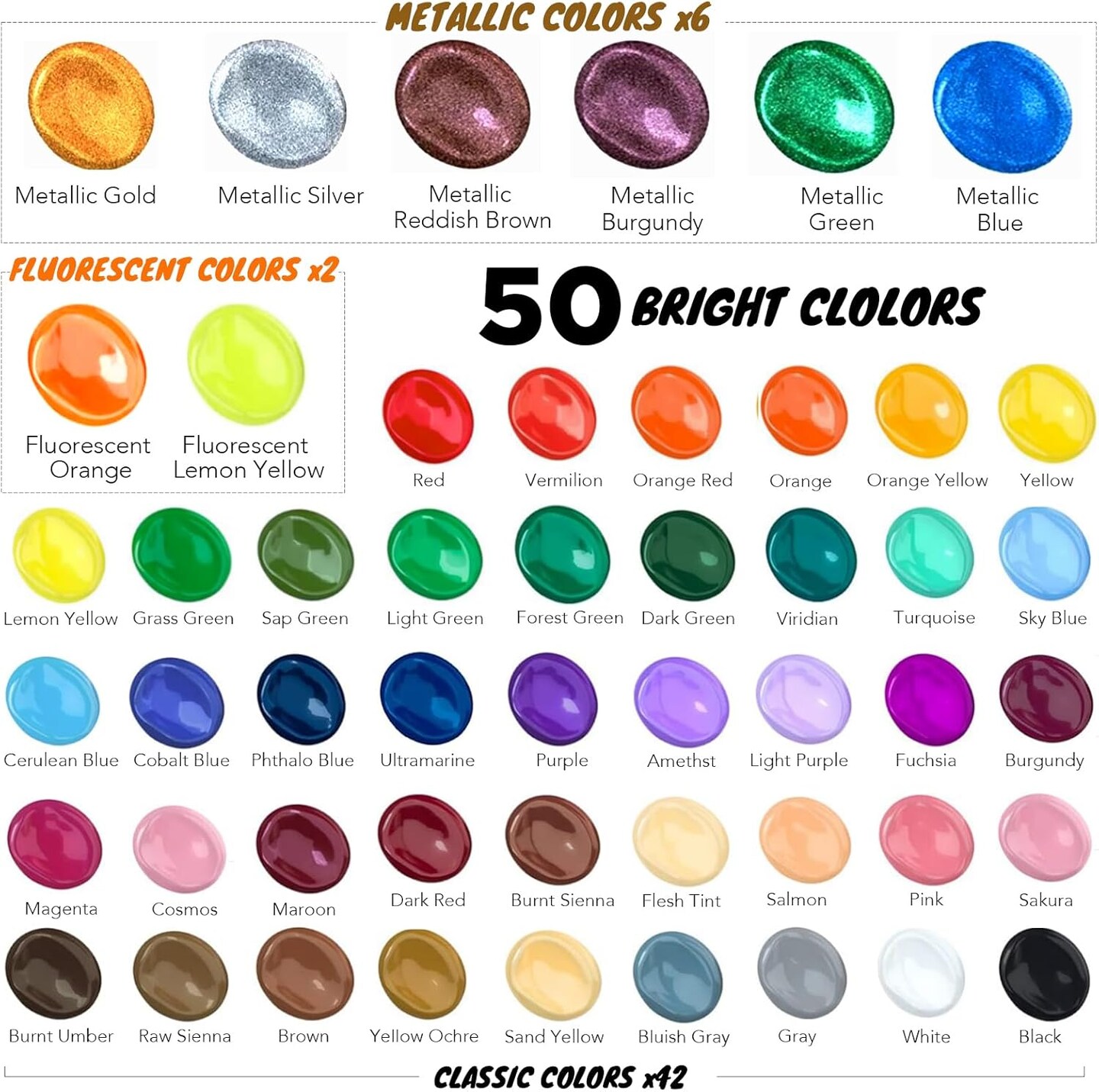 Acrylic Paint Set 50 Colors(2 fl oz/60 ml), Premium Acrylic Paints for Kids & Adults, With Fluorescent Colors & Metallic Colors for Painting, Drawing & Art Supplies, DIY Arts and Crafts
