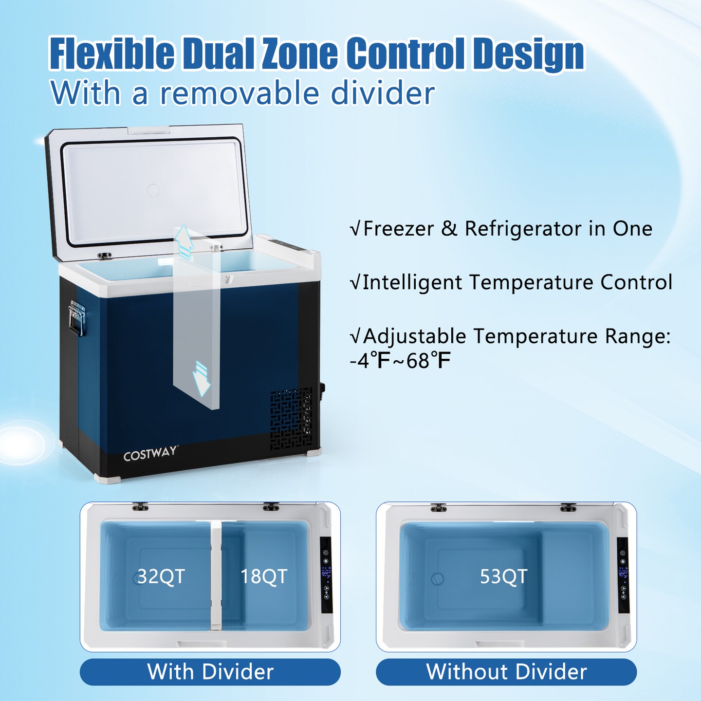 Black 53 Quart Portable Dual Zone Car Refrigerator with LED Display Touch Control