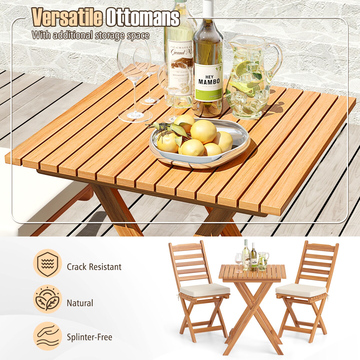 3 Pieces Patio Bistro Folding Chair Table Set with Soft Seat Cushions Ideal for Outdoor Use