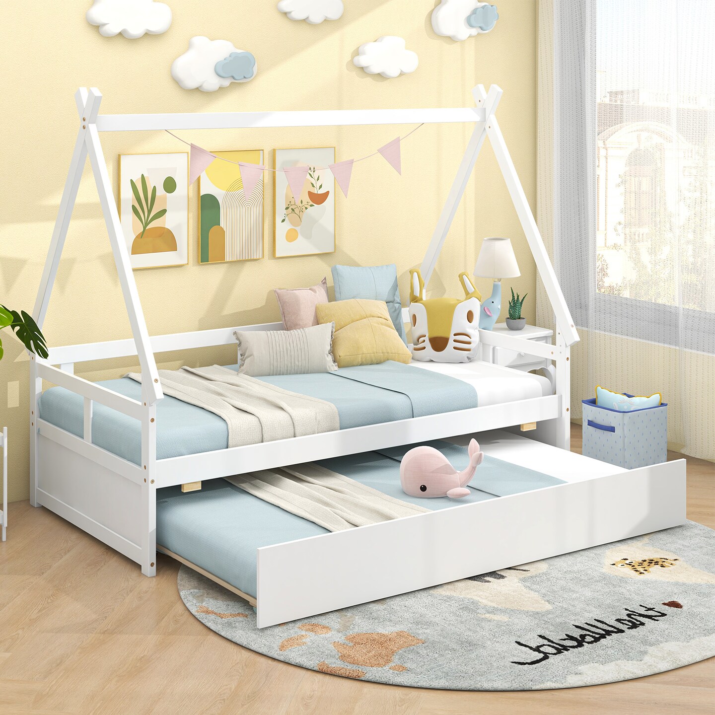 Twin Size House Frame Bed with Trundle, Wooden Construction and Creative Design