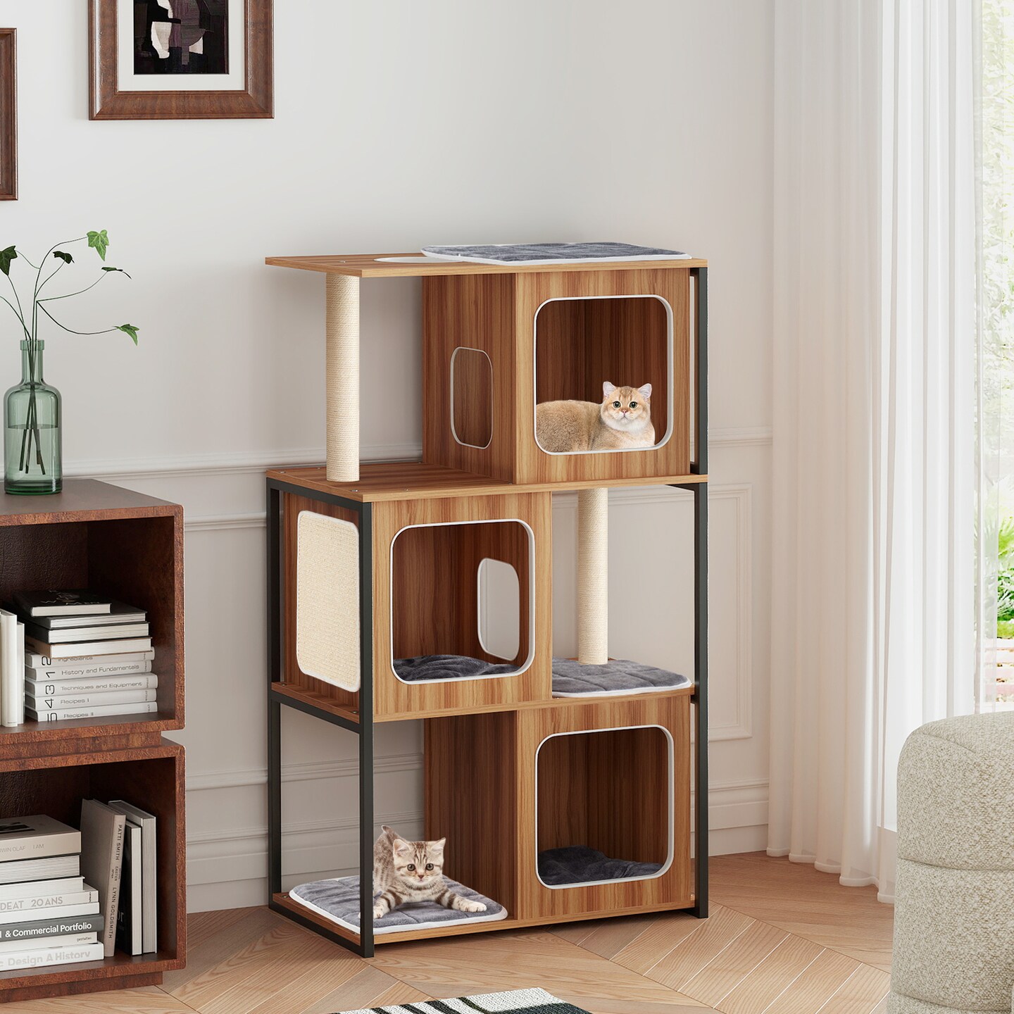 Natural Gray Engineered Wood Multi-Level Cat Tower with Metal Frame