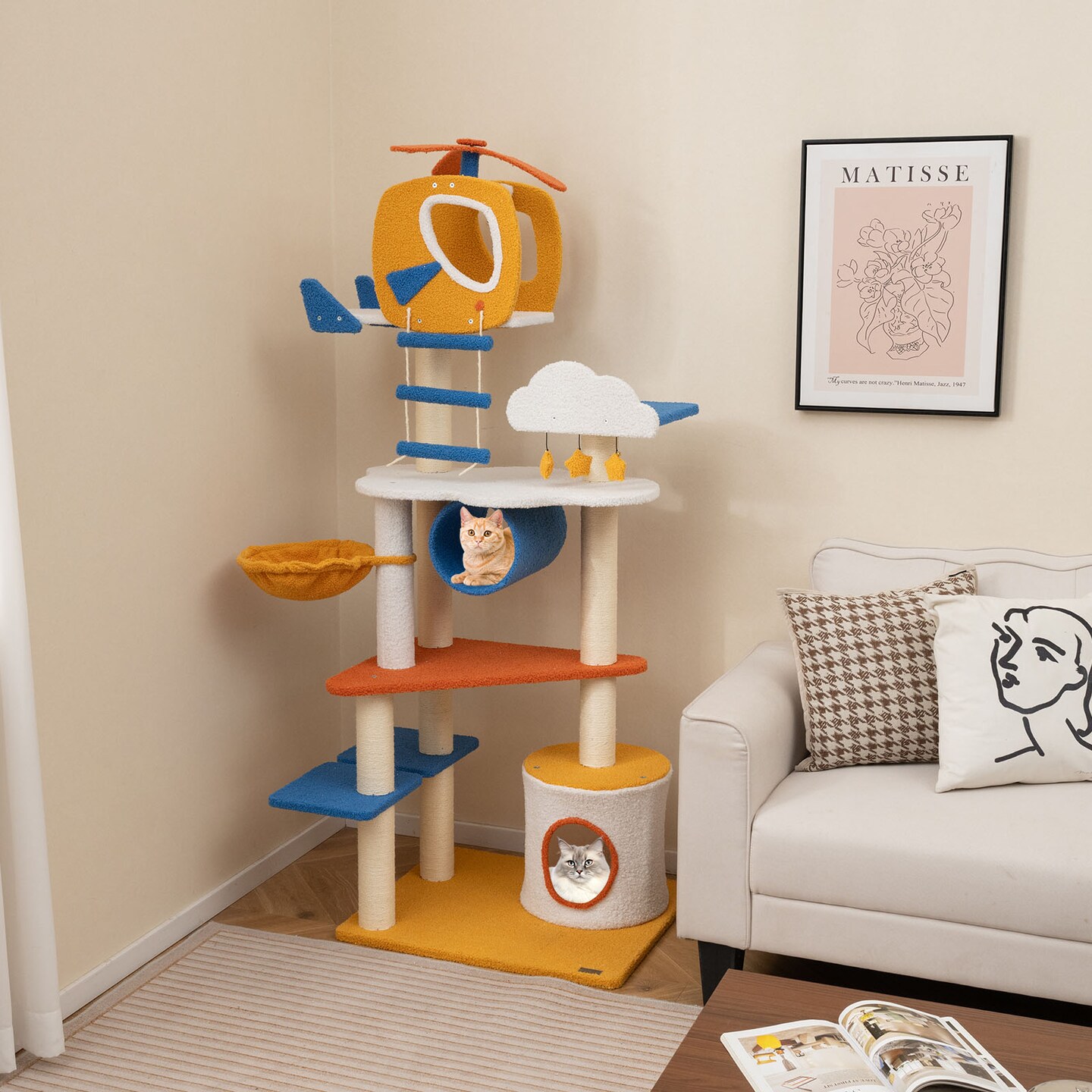 70 Inch Tall Aviation-Themed Cat Tree Tower with Helicopter Top Perch Ideal for Indoor Cats