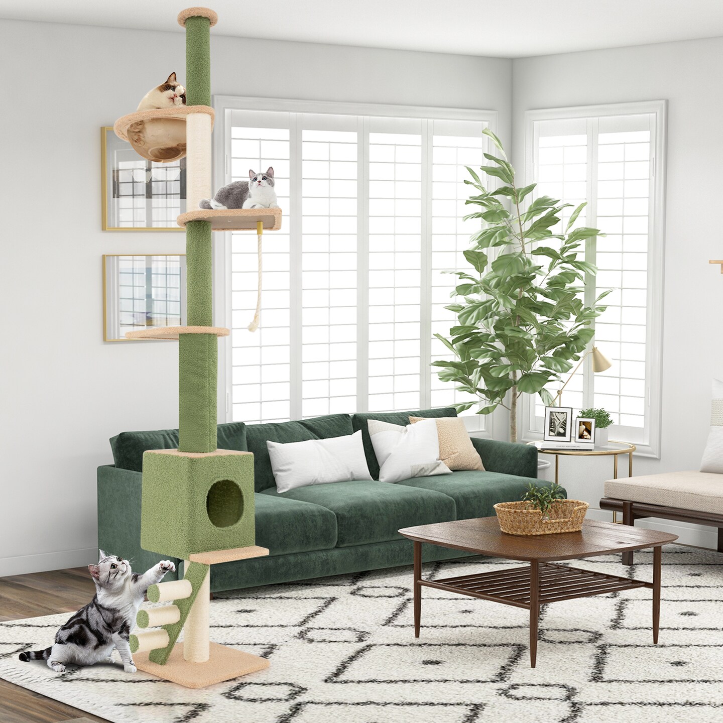 Adjustable Height Floor to Ceiling Cat Tree with 2 Full-Wrapped Sisal Scratching Posts and 3 Step Ladder