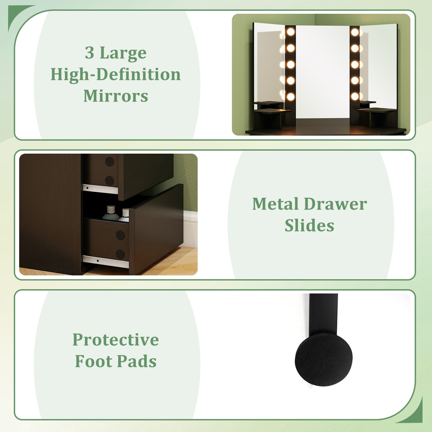 Corner Vanity Desk with 3-Panel Mirror, LED Lights, Charging Ports and Storage