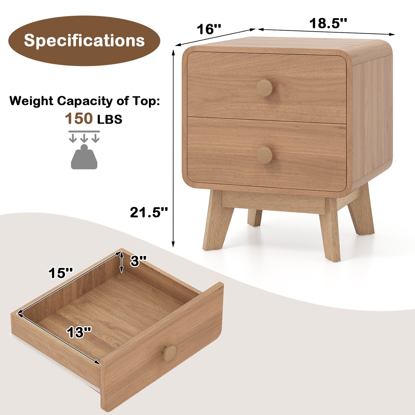 MDF and Rubber Wood Nightstand with 2 Drawers and Mid-Century Modern Design