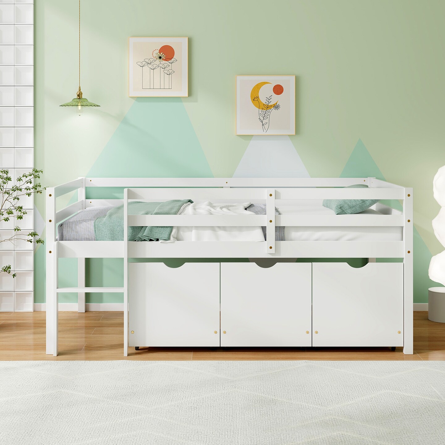 Twin Size Low Loft Bed with 3 Storage Drawers Ladder and Guardrails