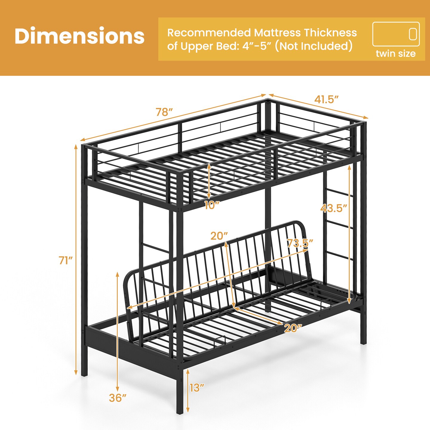Black Metal Twin Over Futon Bunk Bed with 2 Ladders, Guardrails and Under-Bed Storage