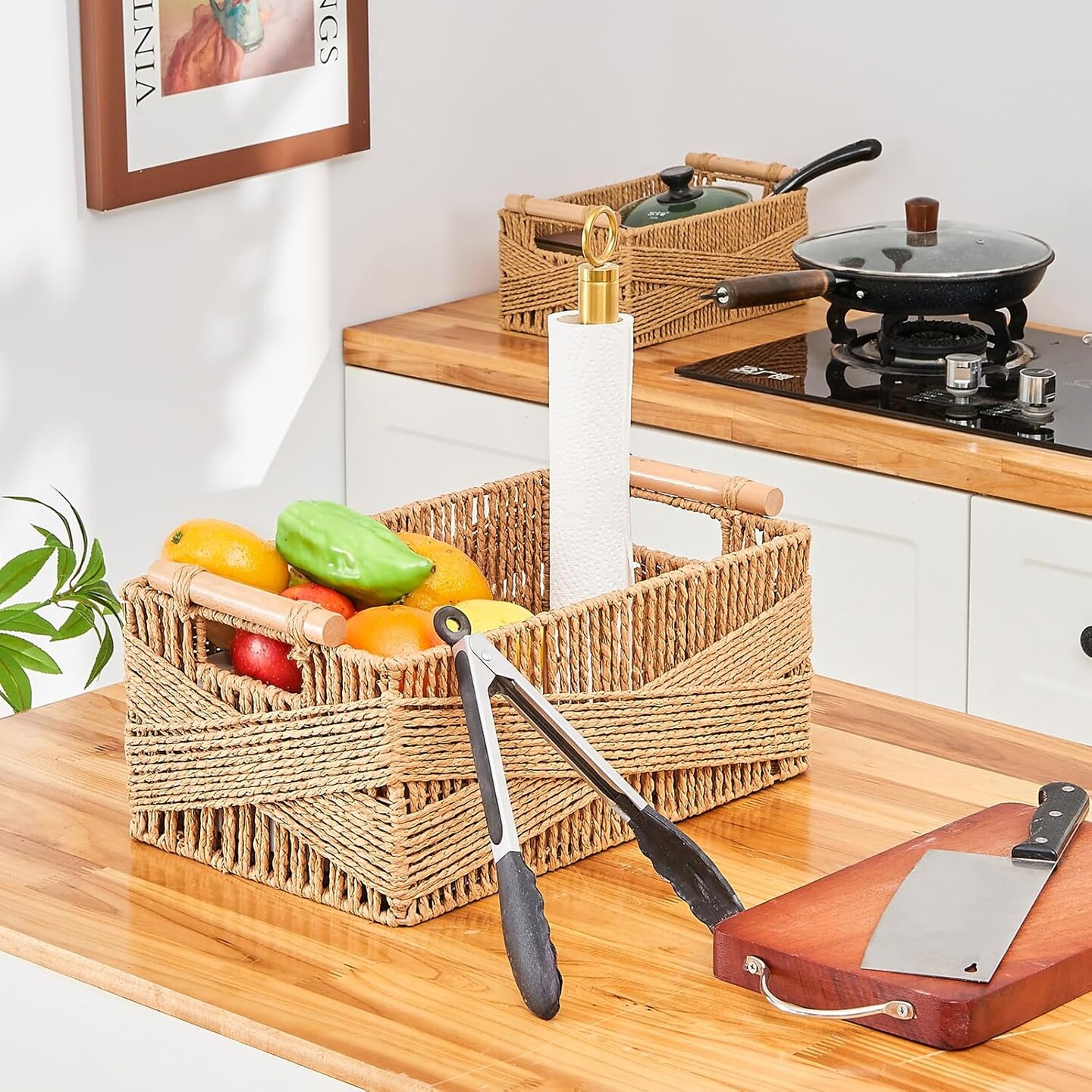 Storage Basket with Handle, Large Rectangular Wicker Basket for Organizing, Decorative Wicker Storage Basket Woven Basket Organizers for Living Room