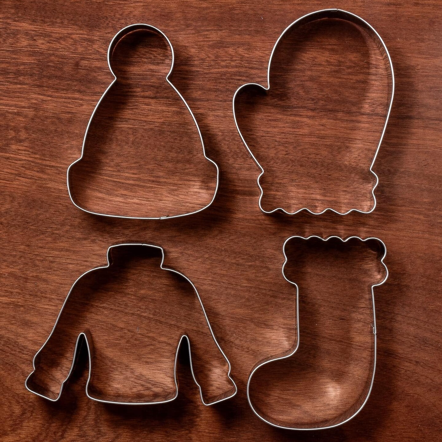 Winter Holiday Christmas Cookie Cutter Set - 4 Piece - Ugly Sweater, Stocking, Hat and Mitten Fondant Biscuit Cutters - Stainless Steel