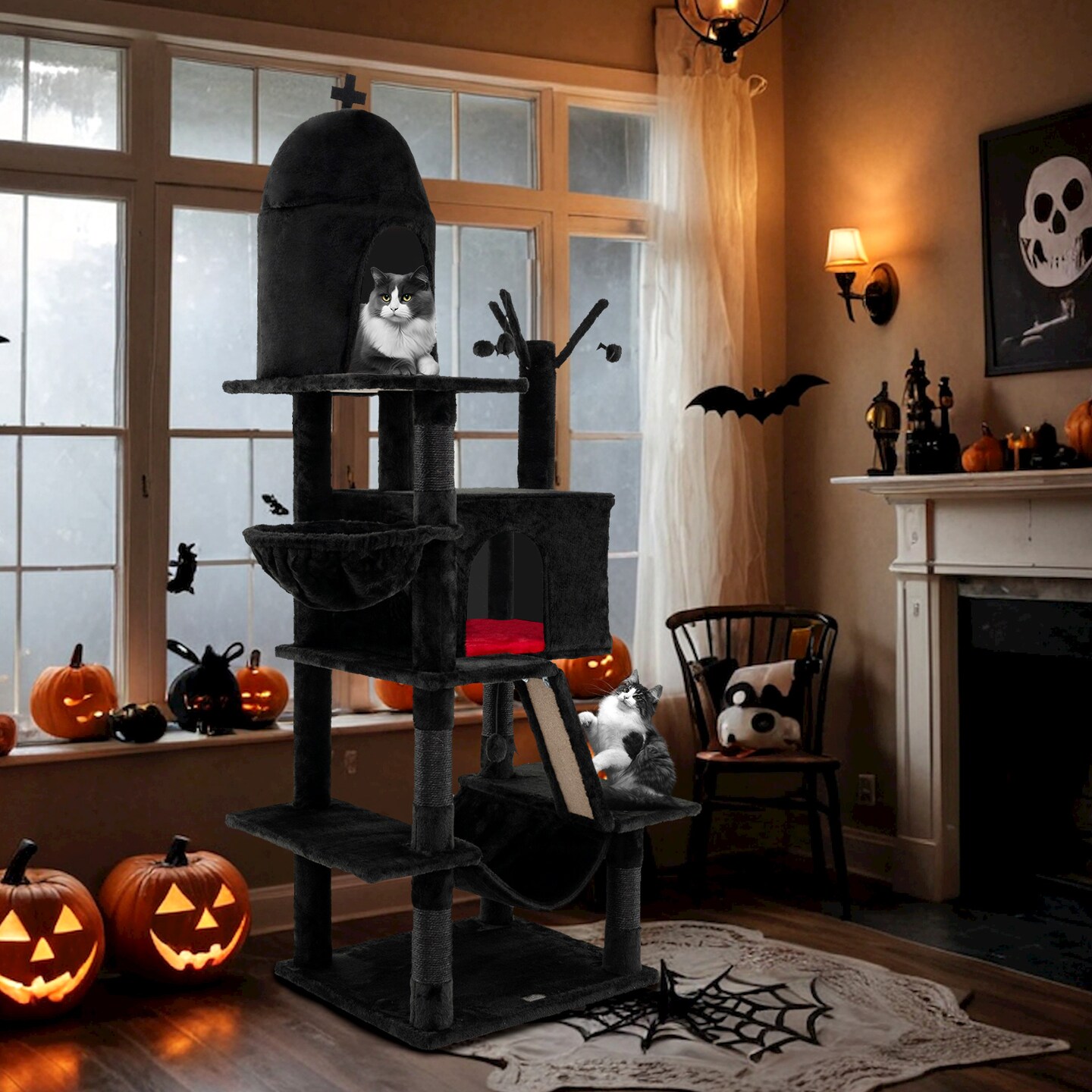 Black Gothic Cat Tree with Sisal Scratching Posts and Cozy Beds
