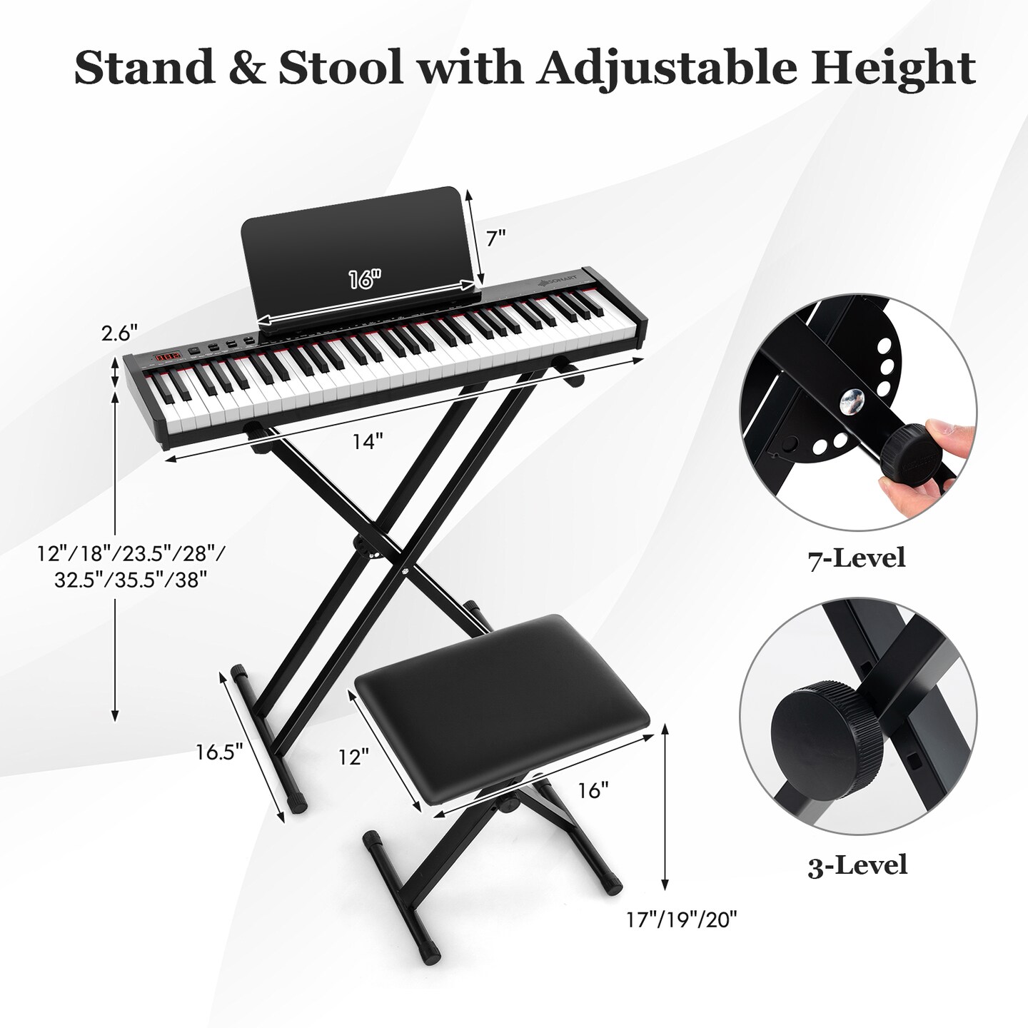 61-Key Electronic Keyboard Piano with Bluetooth, Adjustable Stool and Stand