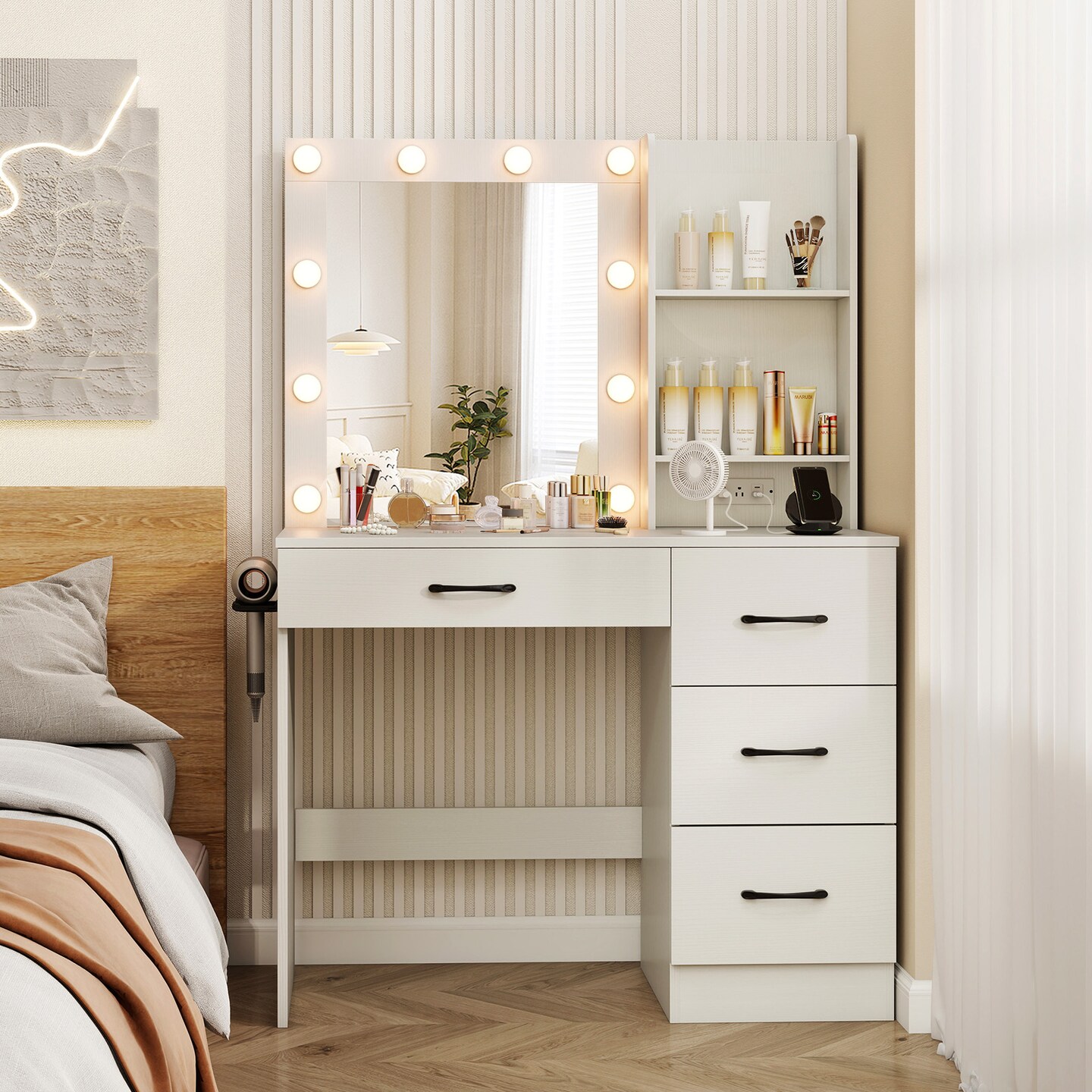 MDF Vanity Desk with Mirror, 3-Color Lighting, Storage and Charging Station