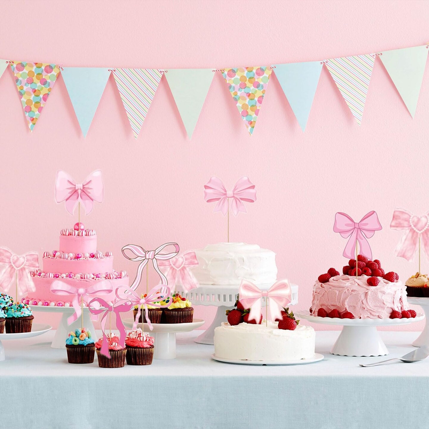 Pink Bow Cupcake Toppers, Pink Bow Coquette Birthday Cake Decorations for Birthday Baby Shower Pink Bow Theme Party Decor (36)