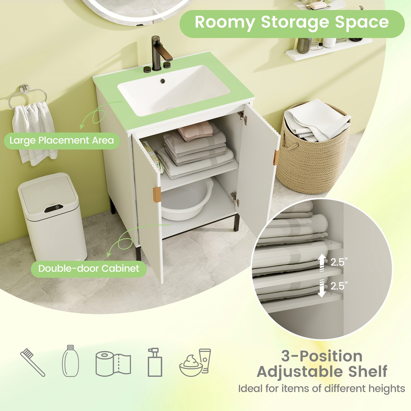 White Bathroom Vanity with Ceramic Sink and Adjustable Shelf
